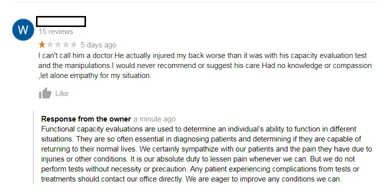 An image depicting another response to a bad review.