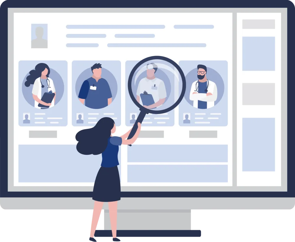 Funnel Illustrated woman "searches" website and choose best doctor with 5-star reviews