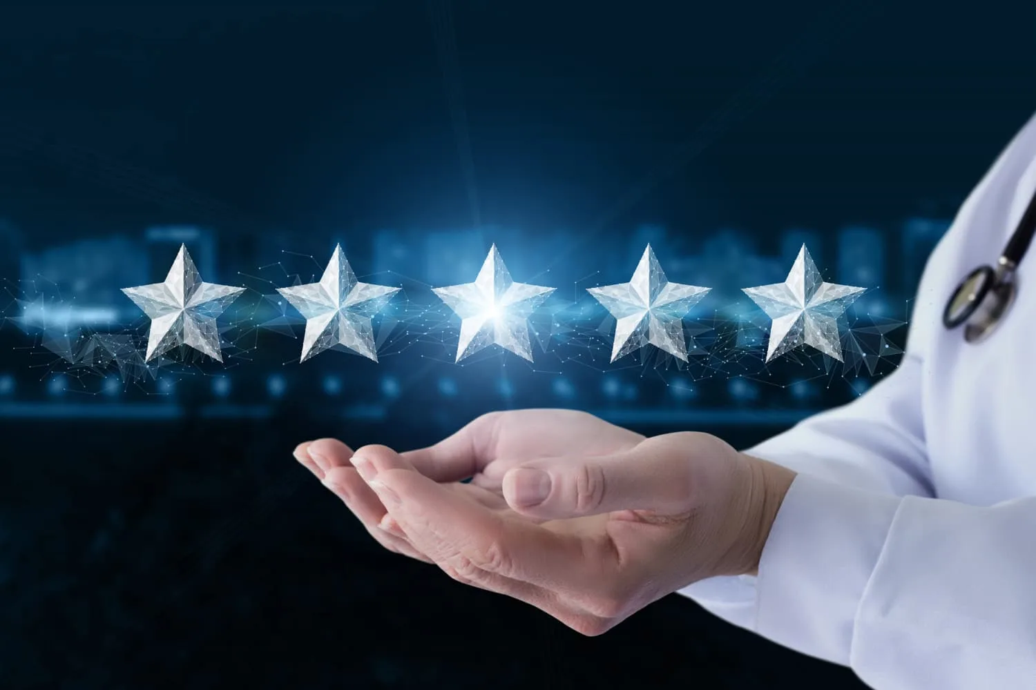 Five stars illustrated with doctor in white coat