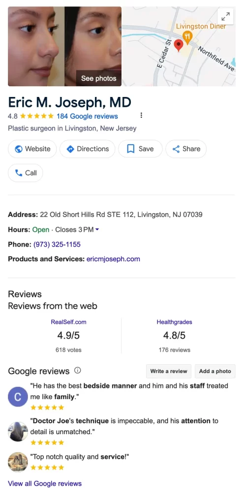 Google Business Profile listing for a plastic surgeon who has a 4.8-star rating with 184 mostly positive Google reviews, showing a good online reputation