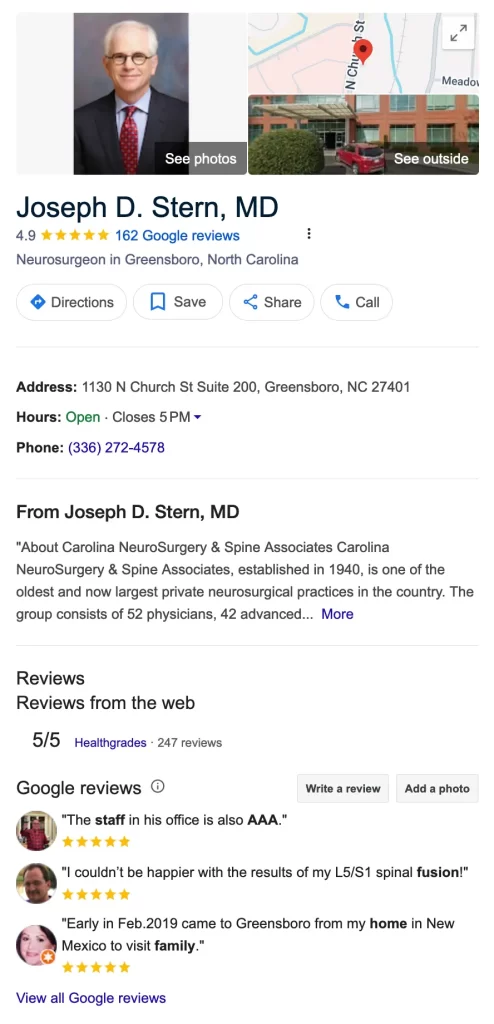 Google Business Profile listing for a physician who has a 4.9-star rating with 162 positive Google reviews