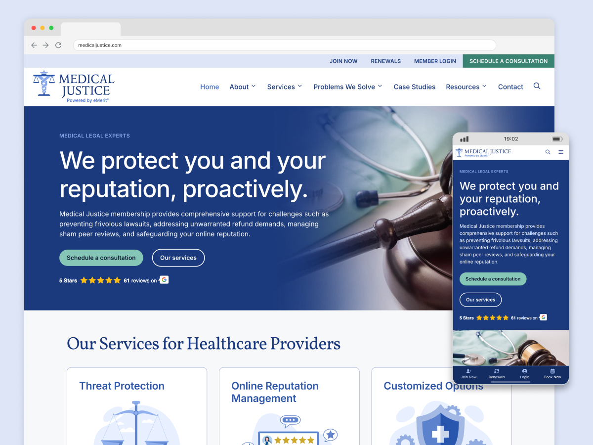 The new Medical Justice website features helpful content like online reputation management case studies and blogs from the founder, as well as descriptions of problems the organization helps to solve and its comprehensive protection plan and online reputation management services for medical providers.