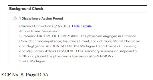 Background check screenshot in recent Healthgrades lawsuit